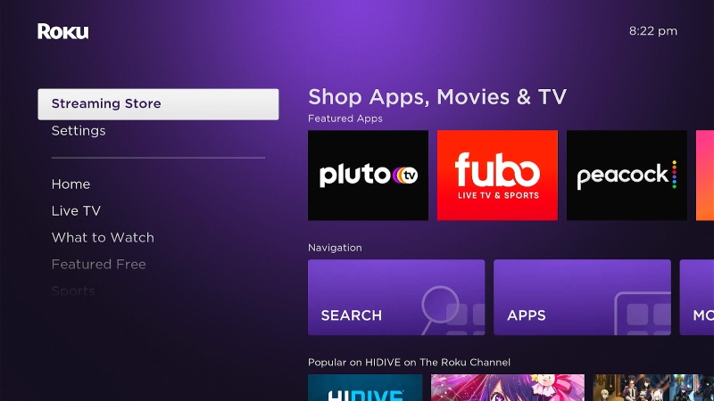 select Streaming Store on the Roku screen