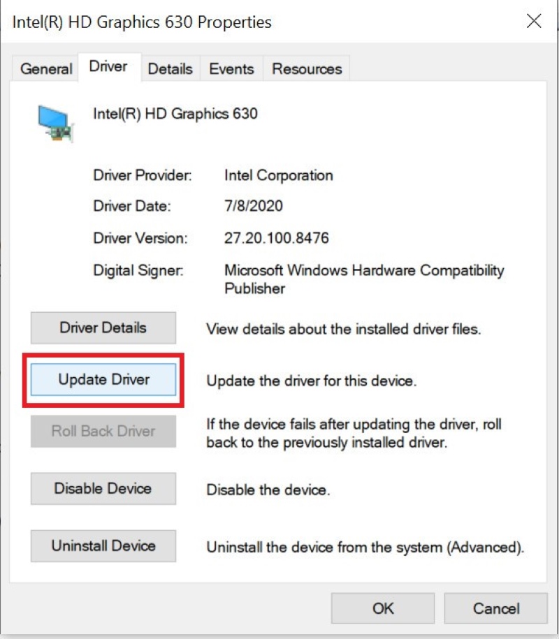 select Update Driver for Windows PC integrated graphics card