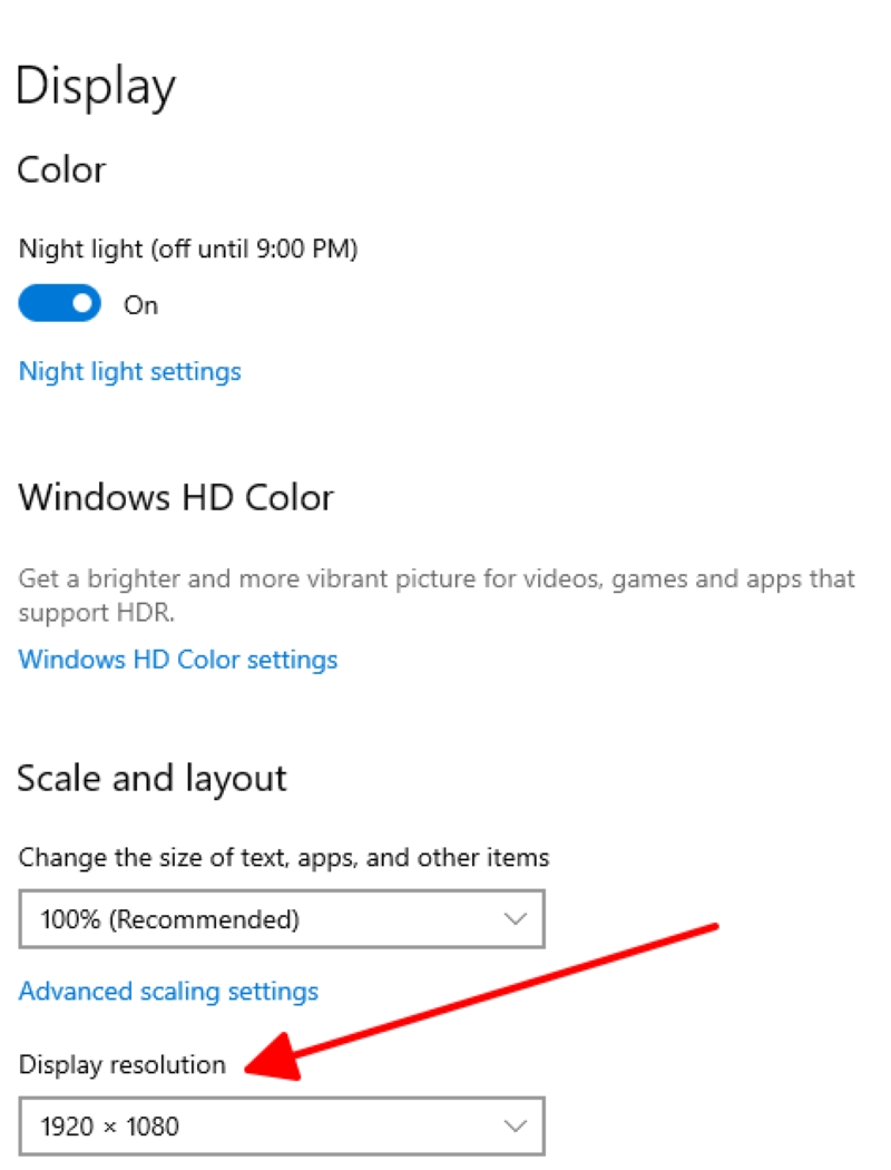 select the 1920x1080 resolution setting in the Windows Display setting