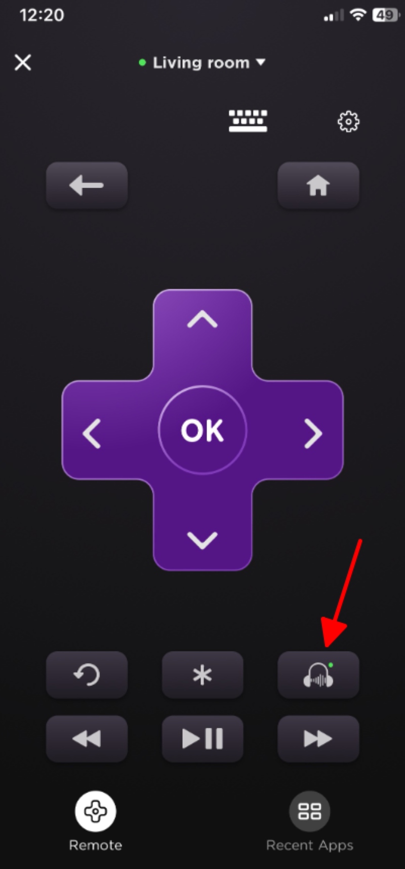 select the Headphone icon on the Roku mobile app