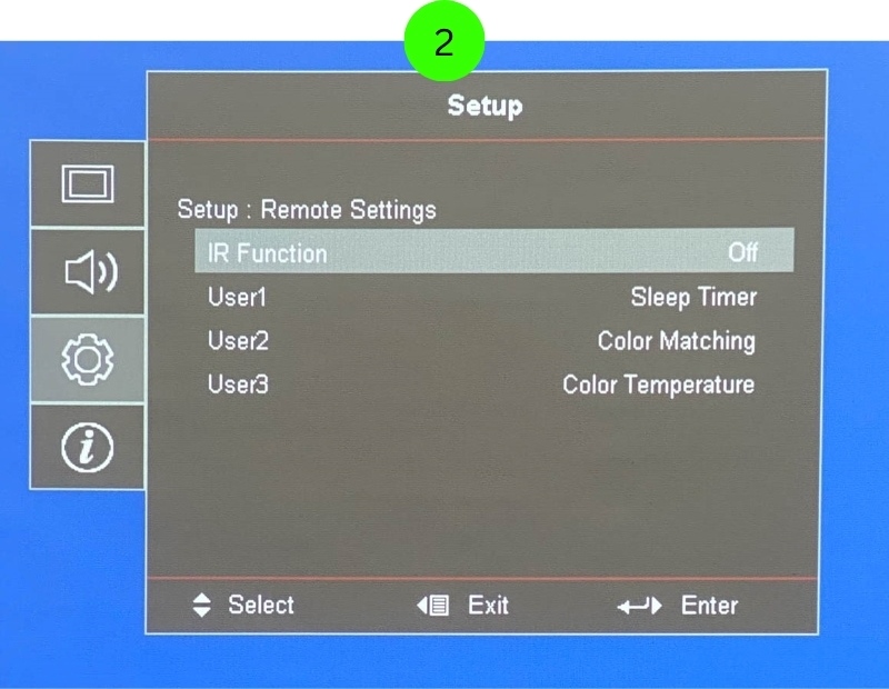 select the IR Function on the Optoma projector