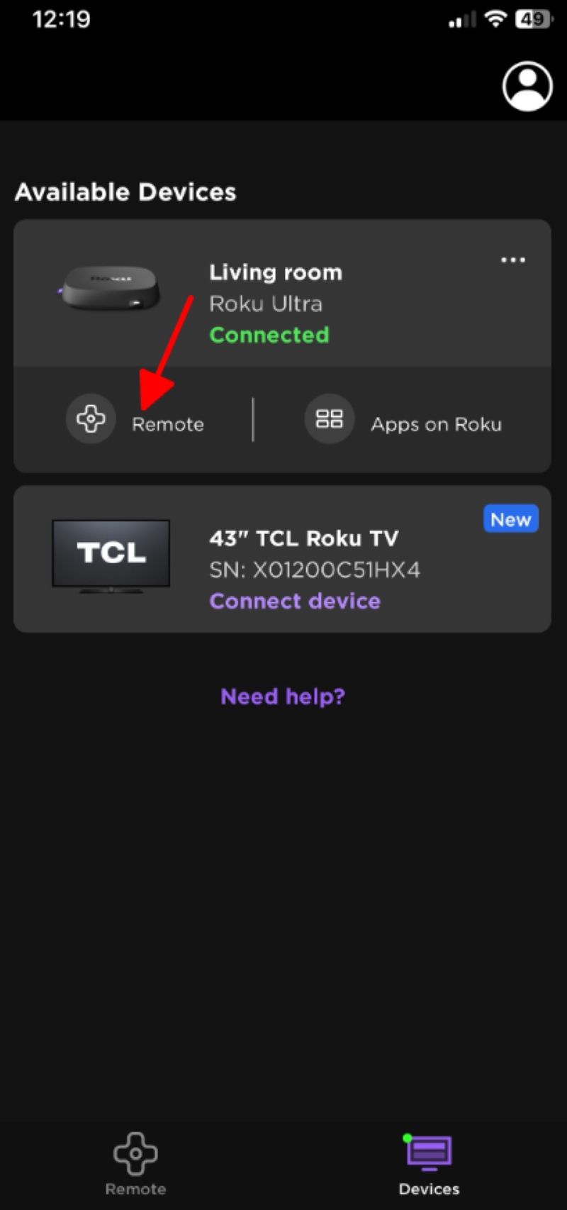 select the Remote icon on the Roku mobile app
