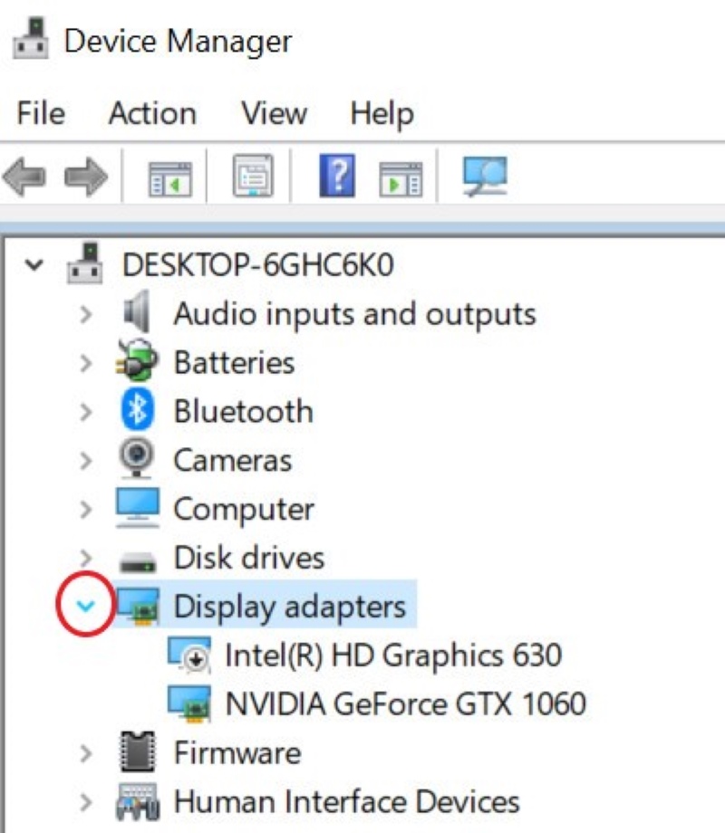 select the arrow icon next to Display adapters in Windows PC Device Manager