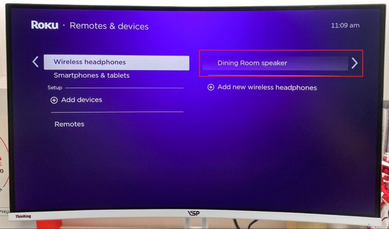 select the speaker name to connect in the Roku Wireless Headphones setting