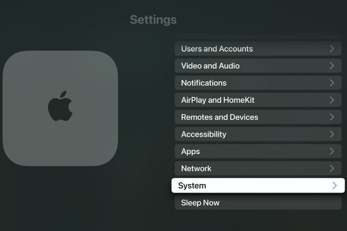 system option is highlighted on an apple tv