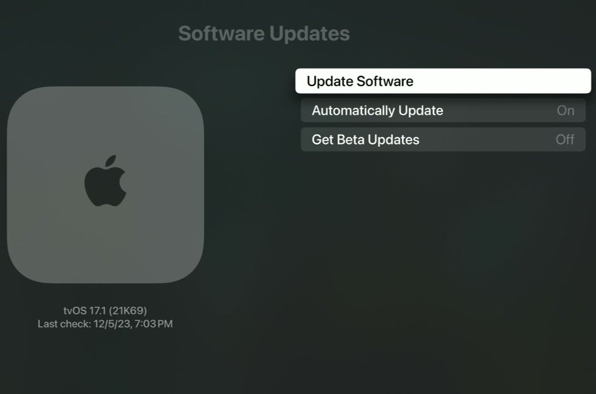 update software option is highlighted on an apple tv