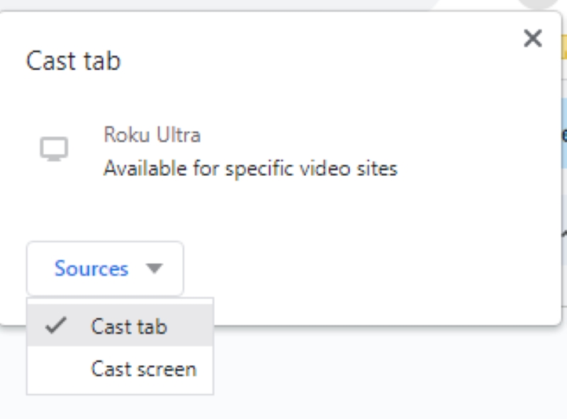 Cast tab and Cast screen option in Google Chrome's Cast settings screen