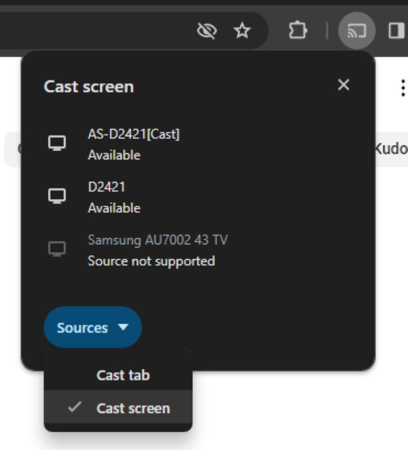 Cast tab and cast screen in Sources selections of Google Chrome cast screen feature