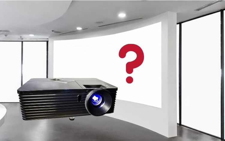 Curved projector screen with projector and question mark