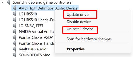 GPU audio driver with update and uninstall options highlighted
