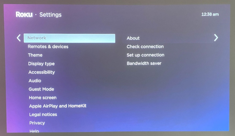 Network settings screen in Roku