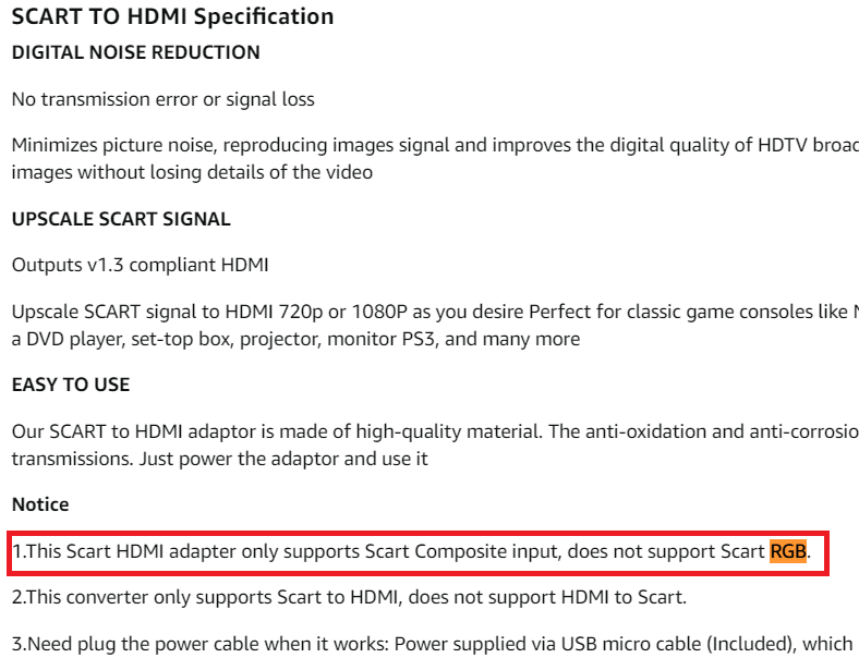 Specification of SCART to HDMI warning the adapter does not suppor RGB