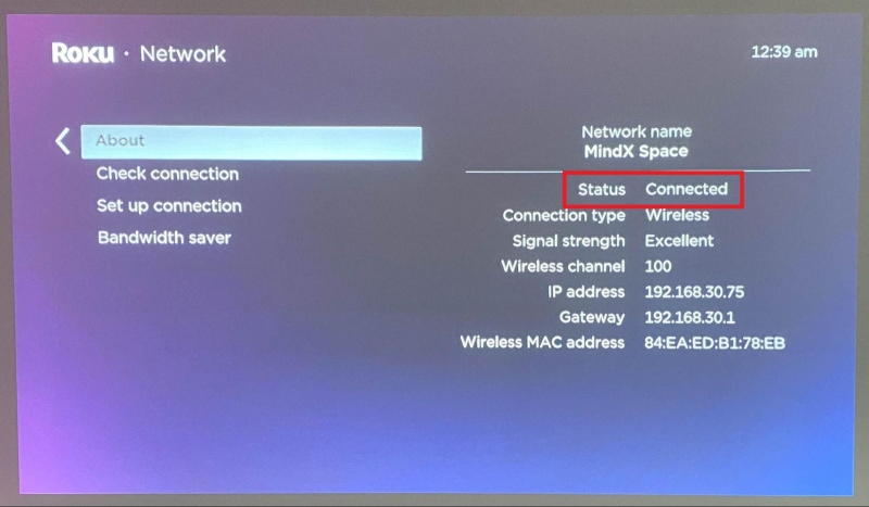 Status Connected Wi-Fi network in Roku Network settings screen