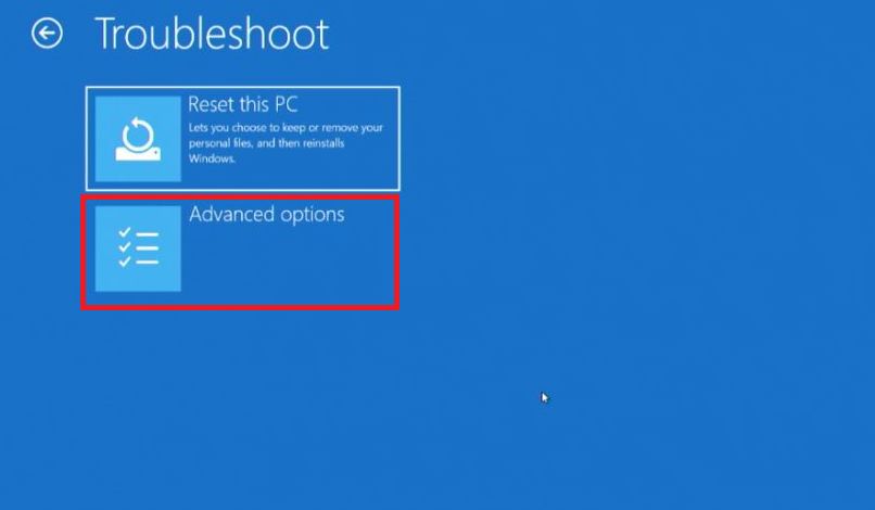 The Advanced setting is being highlighted in Troubleshoot to BIOS