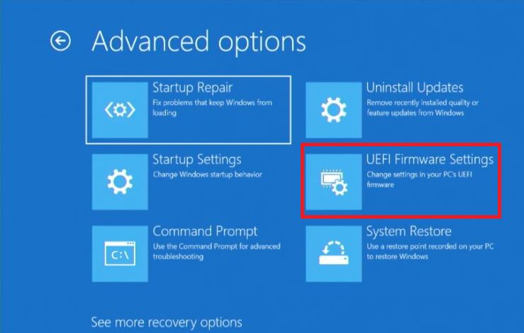 The UEFI Firmware settings in the Advance options highlighted with the red border box