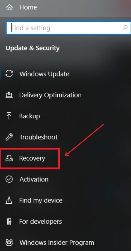 The recovery from the Settings is highlighted with a red border with a red arrow pointing to it