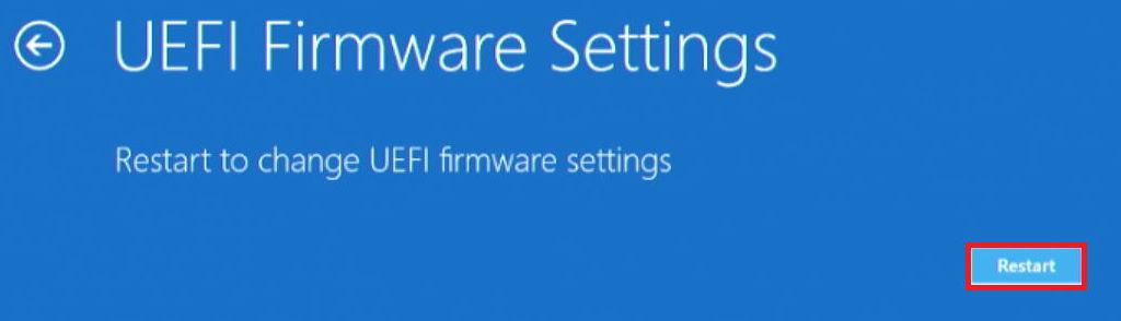UEFI Firmware settings and the restart button is being highlighted