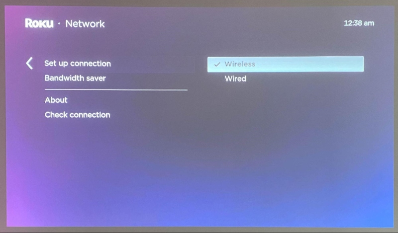 Wireless settings screen in Roku