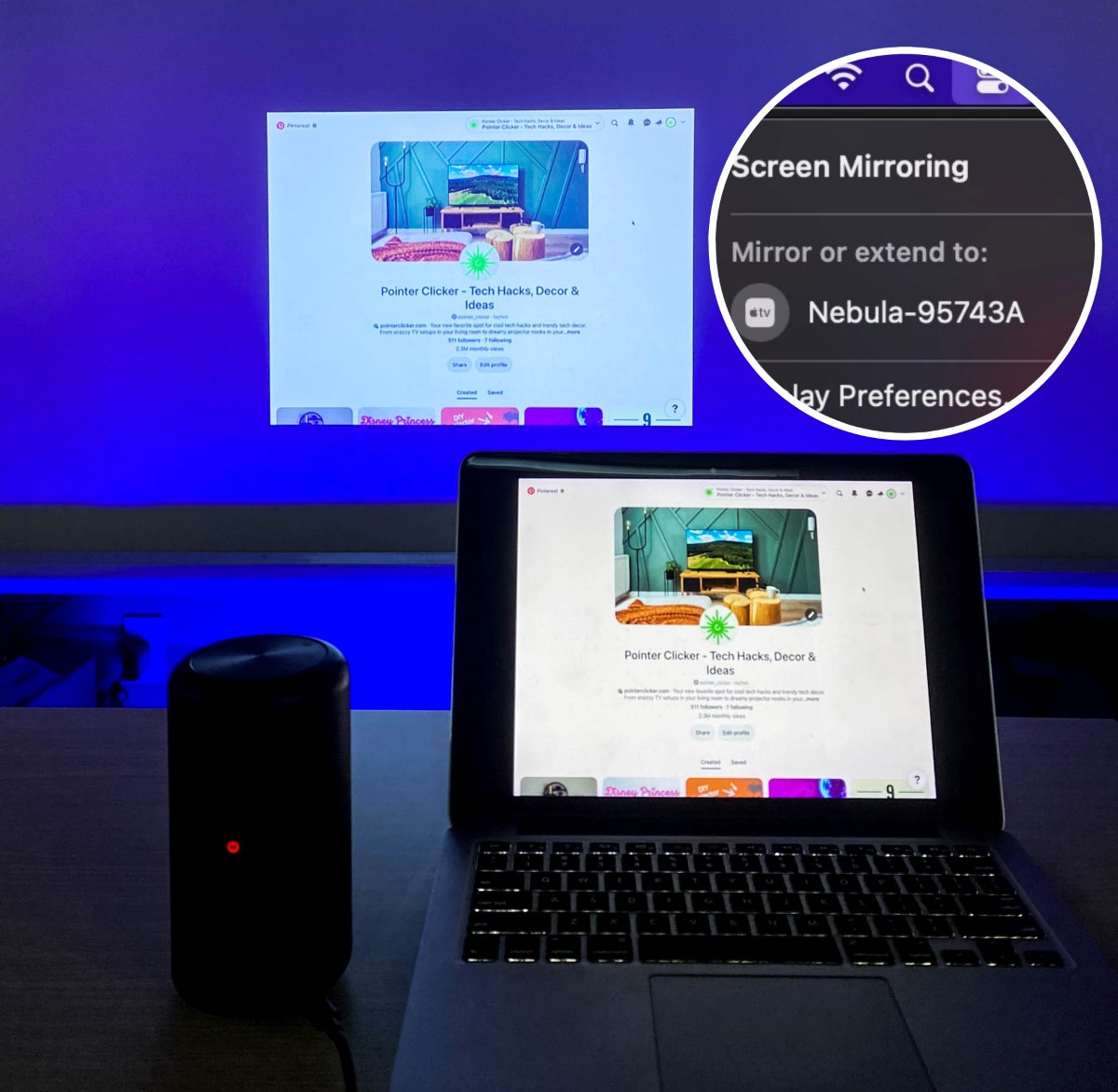 a Macbook is wirelessly cast on a Nebula projector with a highlighted Screen Mirroring