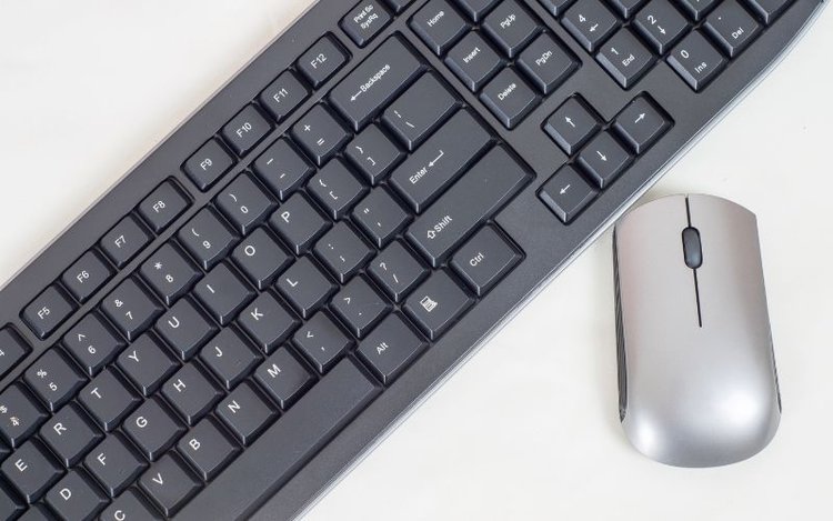 a black keyboard and grey mouse
