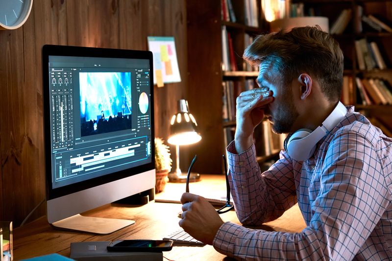 a man being tired of blurry monitor