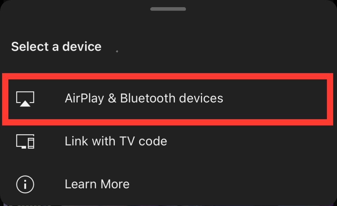 airplay & bluetooth devices option is highlighted in the youtube app