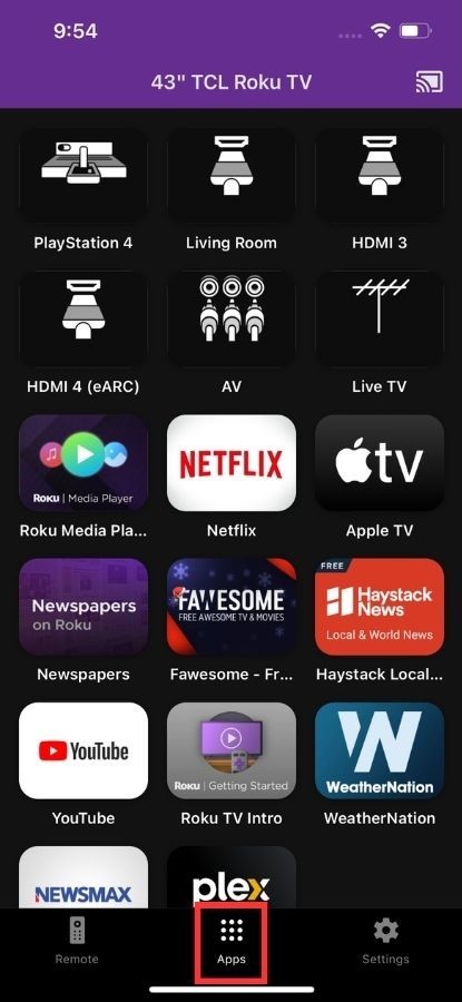 apps option is highlighted on a remote app