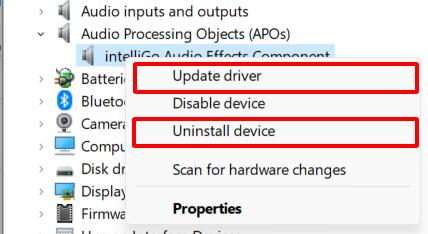 audio driver with update and uninstall options highlighted