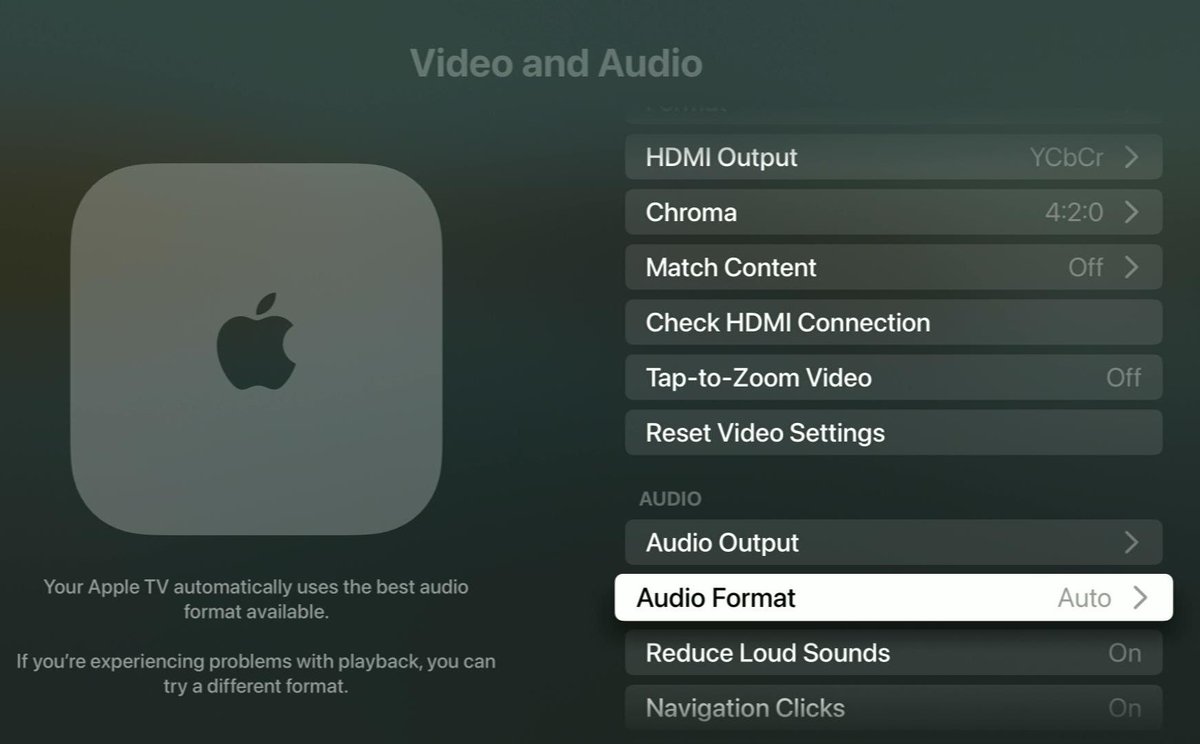 audio format option is highlighted on an apple tv