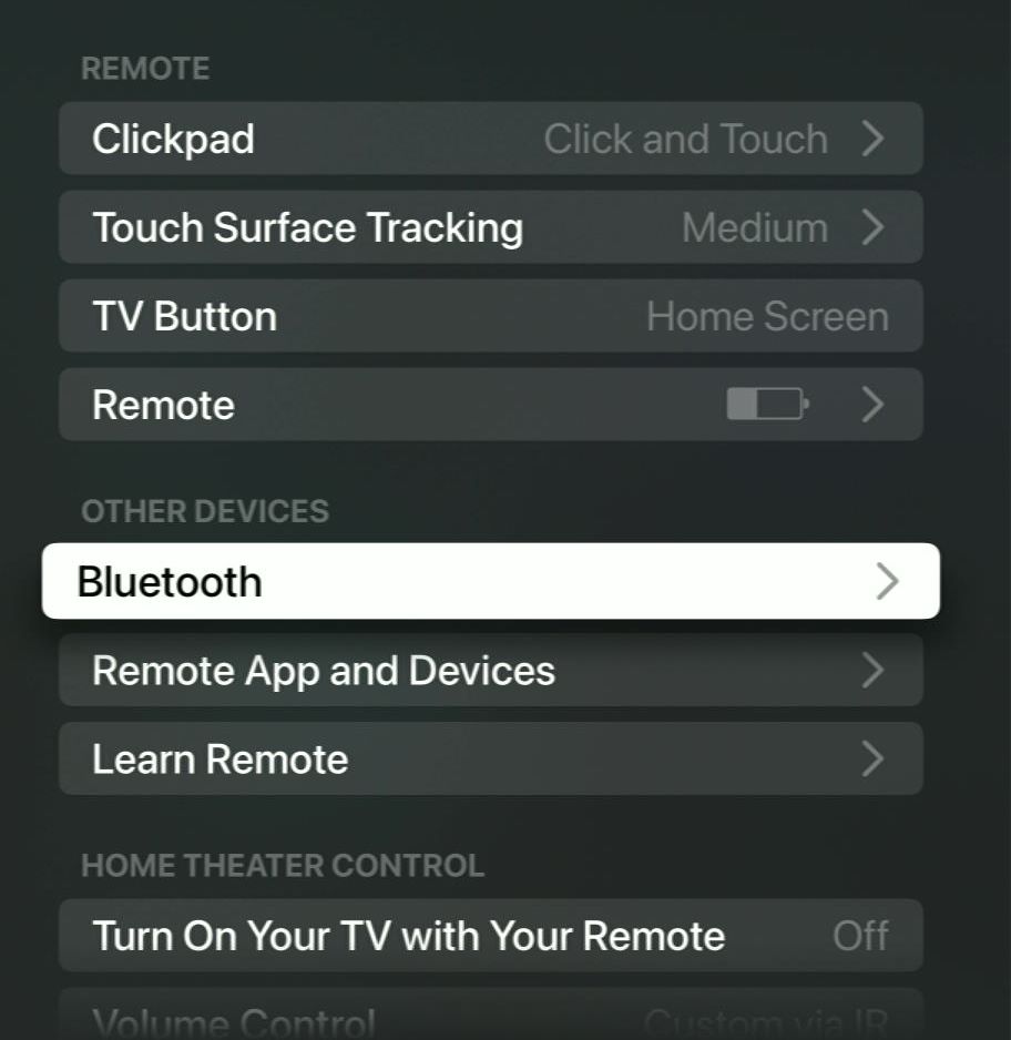 bluetooth option is highlighted on an apple tv 4k