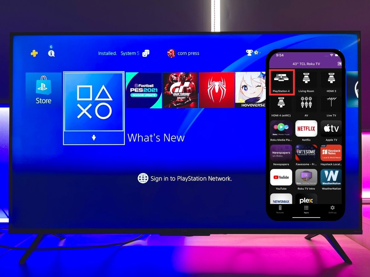 choose the ps4 input in the remote app to switch input on a tcl roku tv