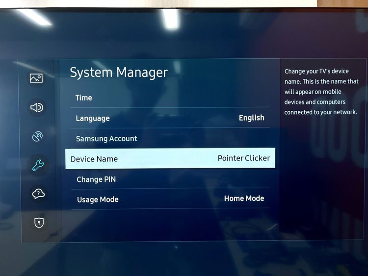 device name option is highlighted in a samsung tv's system manager