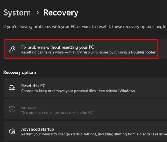 fix problems without resetting your pc option is highlighted