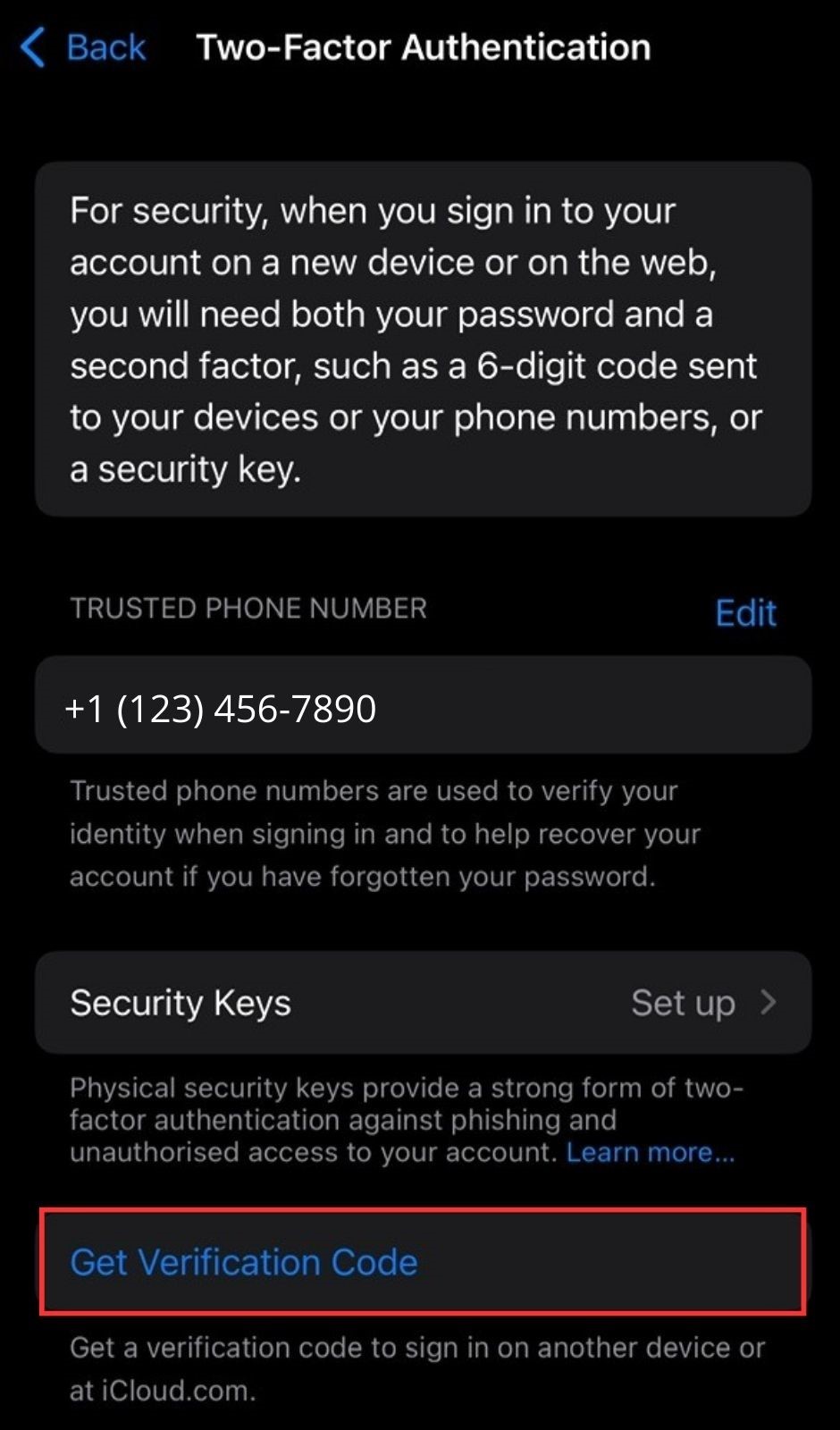 get verification code is highlighted on an iphone