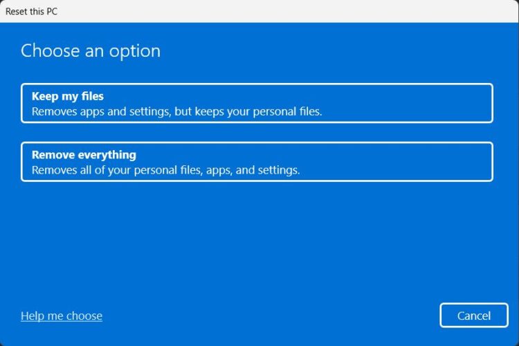 keep my files and remove everything options when resetting a win 11 laptop