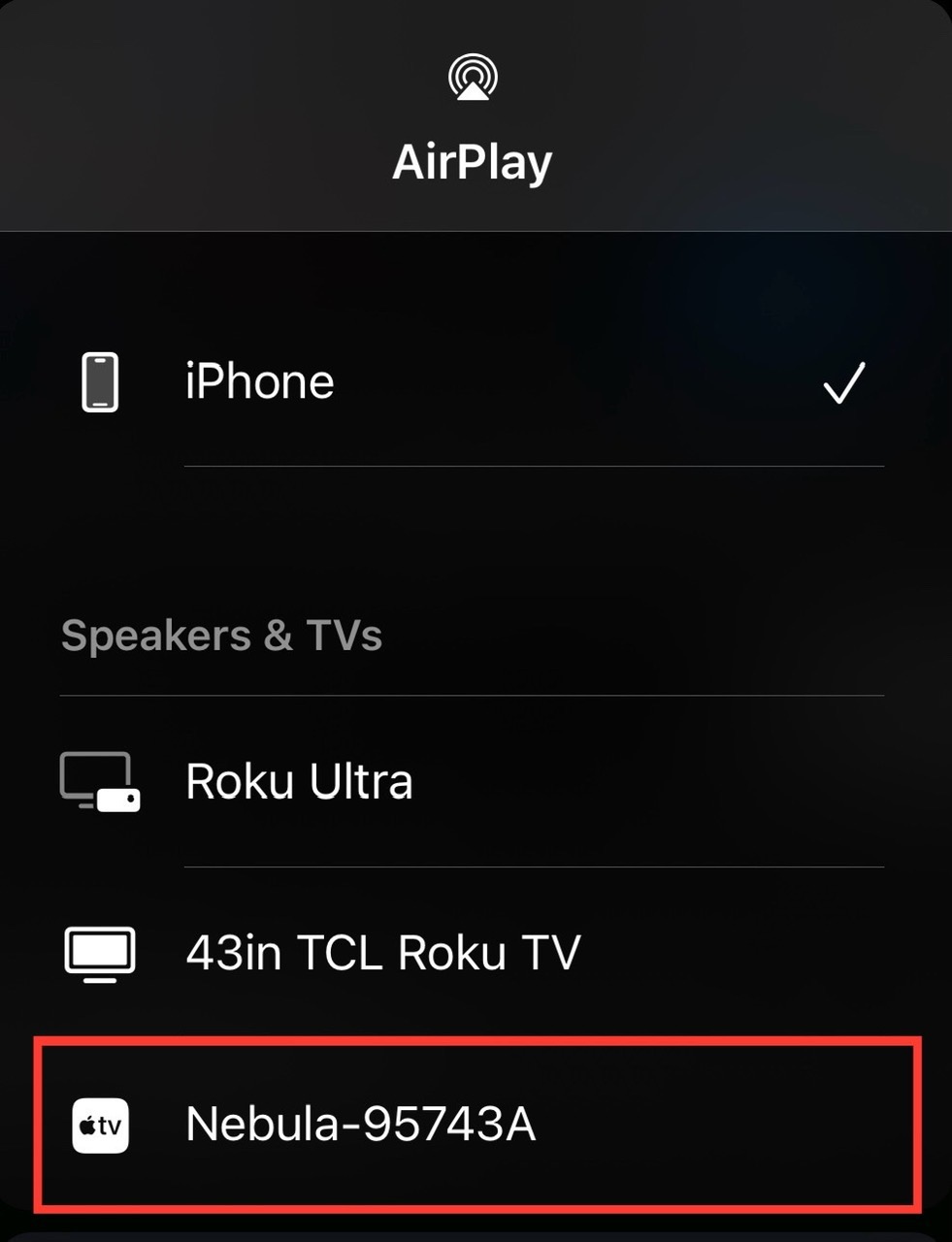 nebula projector appears on the airplay list of an iphone
