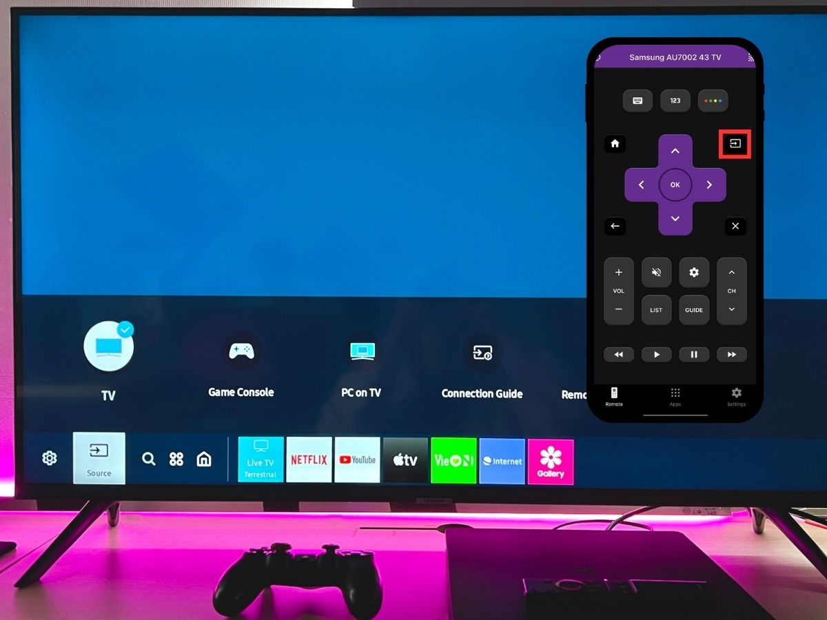 press the source button on the remote app to show input list on the samsung tv