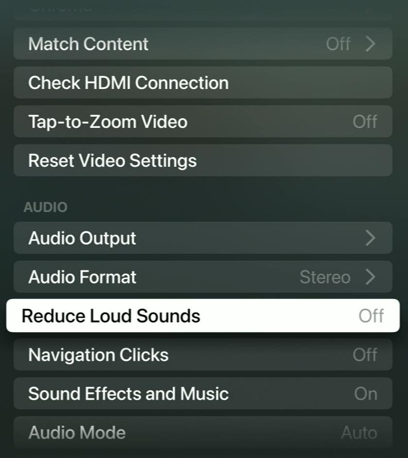 reduce loud sounds option is turned off on an apple tv
