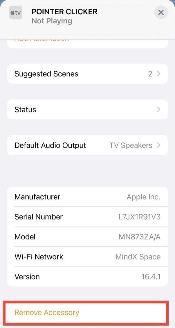 remove accessory option in the apple home app