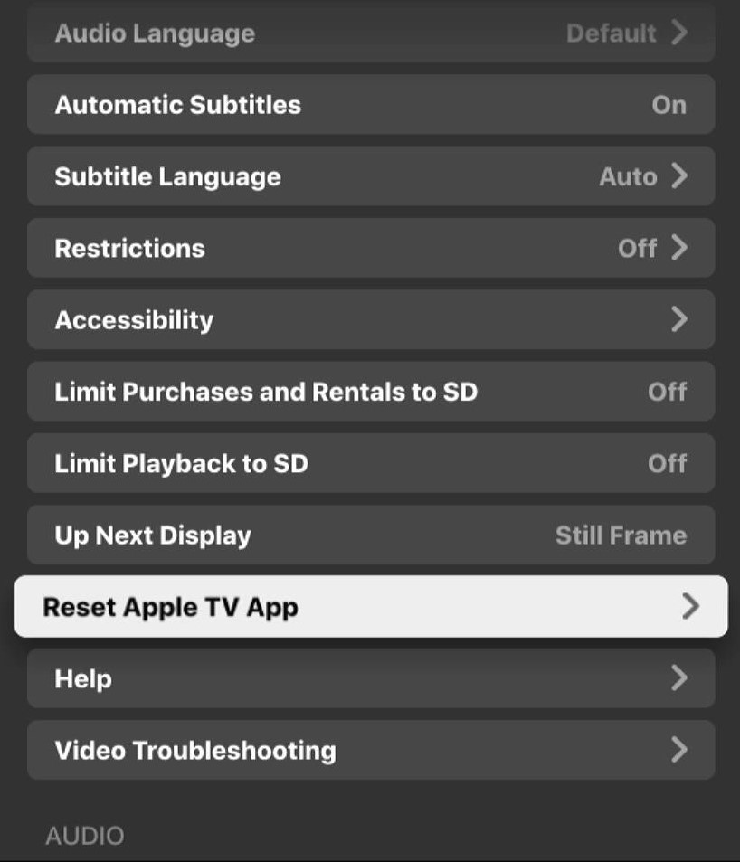 reset apple tv app option is highlighted on the apple tv app on a roku