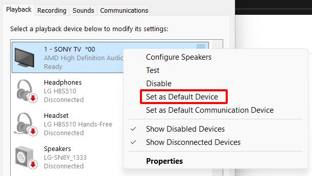 set as default device option in sound settings of a win 11 laptop