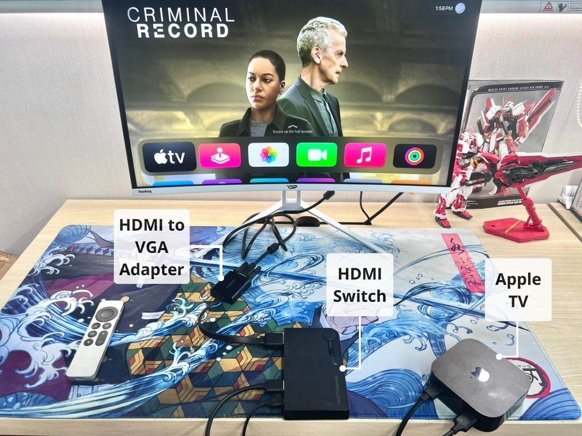 setup of connecting an apple tv to the vga port of a monitor