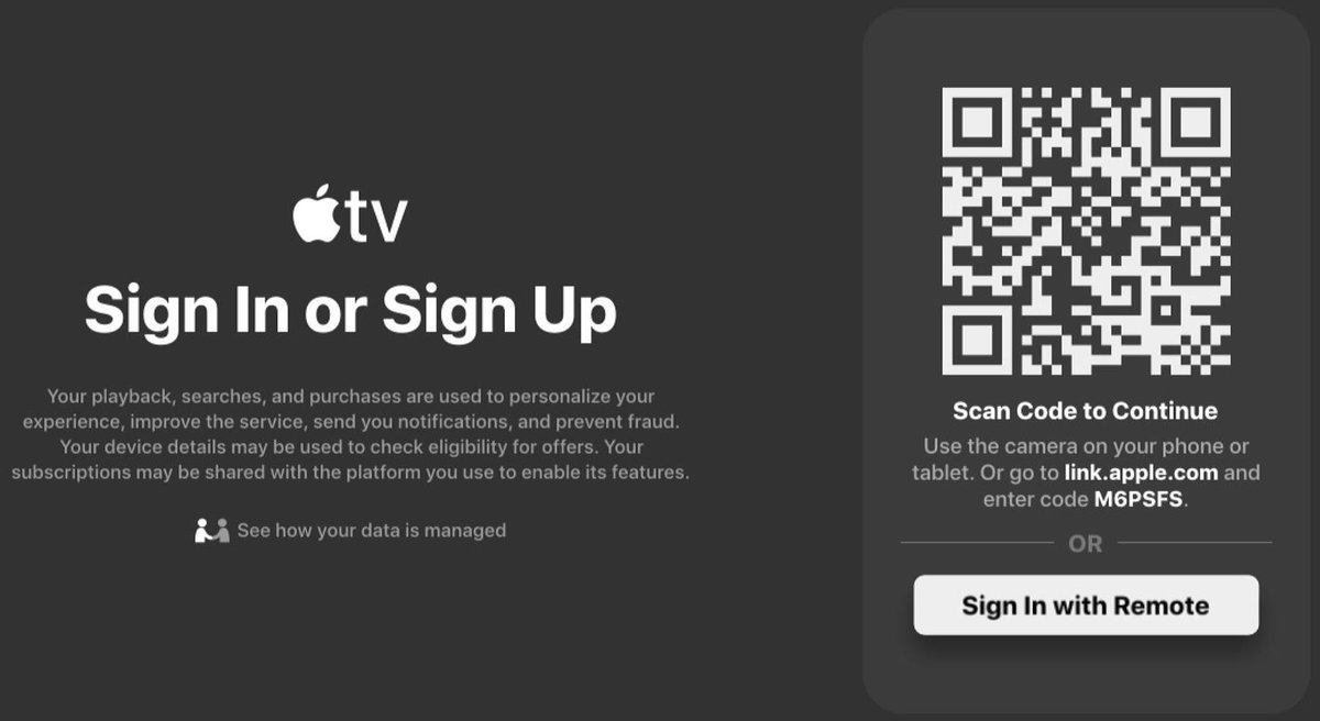 sign-in screen of the apple tv app on a roku