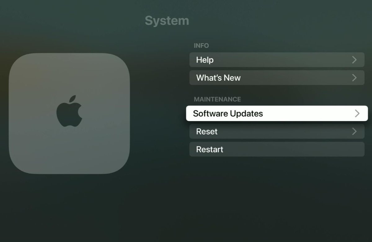 software updates option is highlighted on an apple tv
