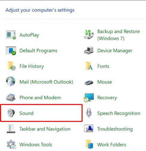 sound option in the control panel menu of a win 11 laptop