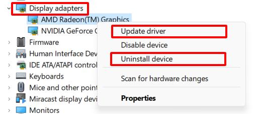update driver and uninstall device options are highlighted in the display adapters menu on a win 11 laptop