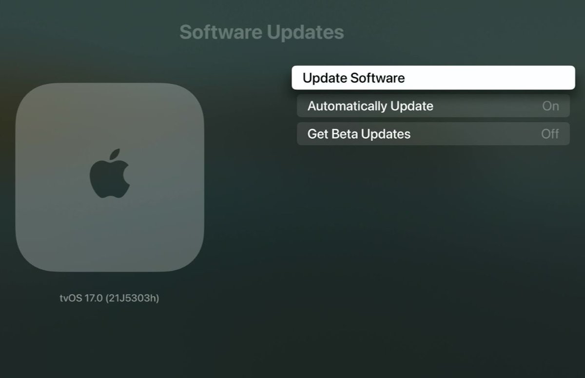 update software option is highlighted on an apple tv