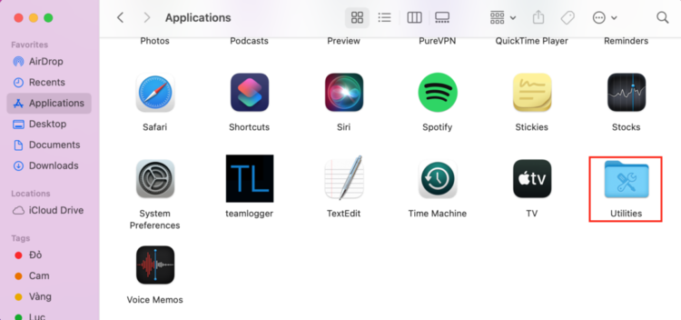 utilities app in the applications of a macbook is highlighted