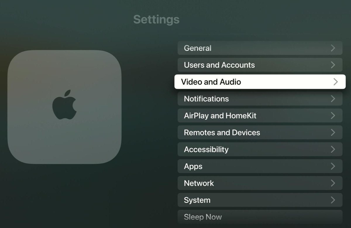 video and audio option is highlighted on an apple tv