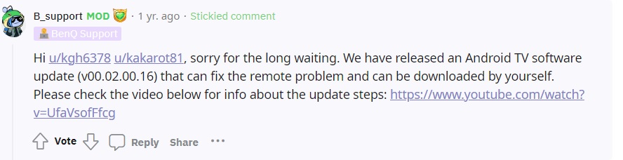 A comment from BenQ support mod on Reddit